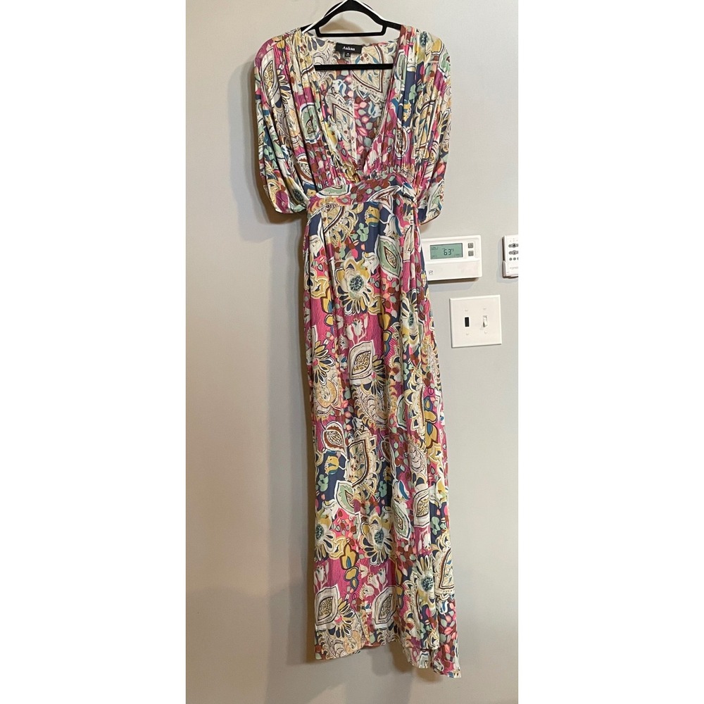Aakaa Maxi Dress Womens Small Pink Paisley Floral V-Neck Boho D24699DV